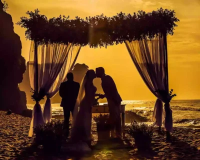 A sunset wedding on a beach
