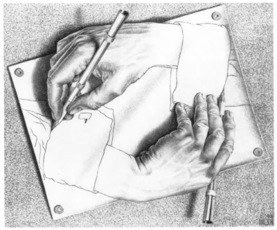 Escher drawing of two hands drawing each other